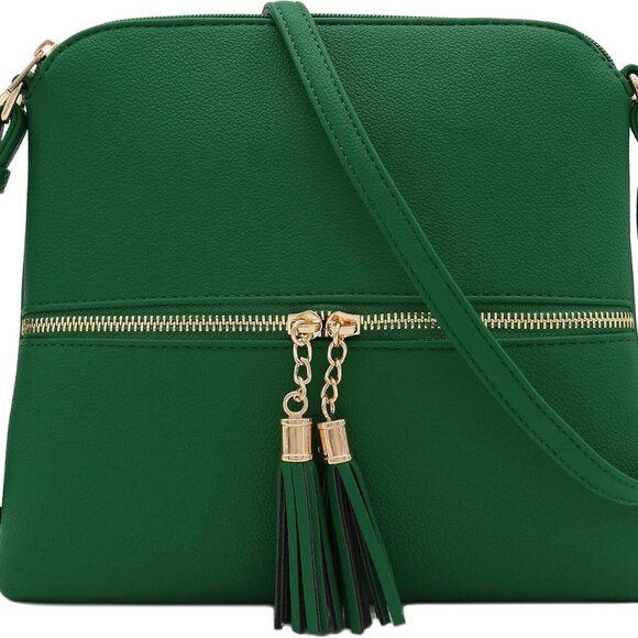 Lightweight Faux Leather Crossbody Bag Medium Kelly Green Zipper Tassel - Picture 1 of 6